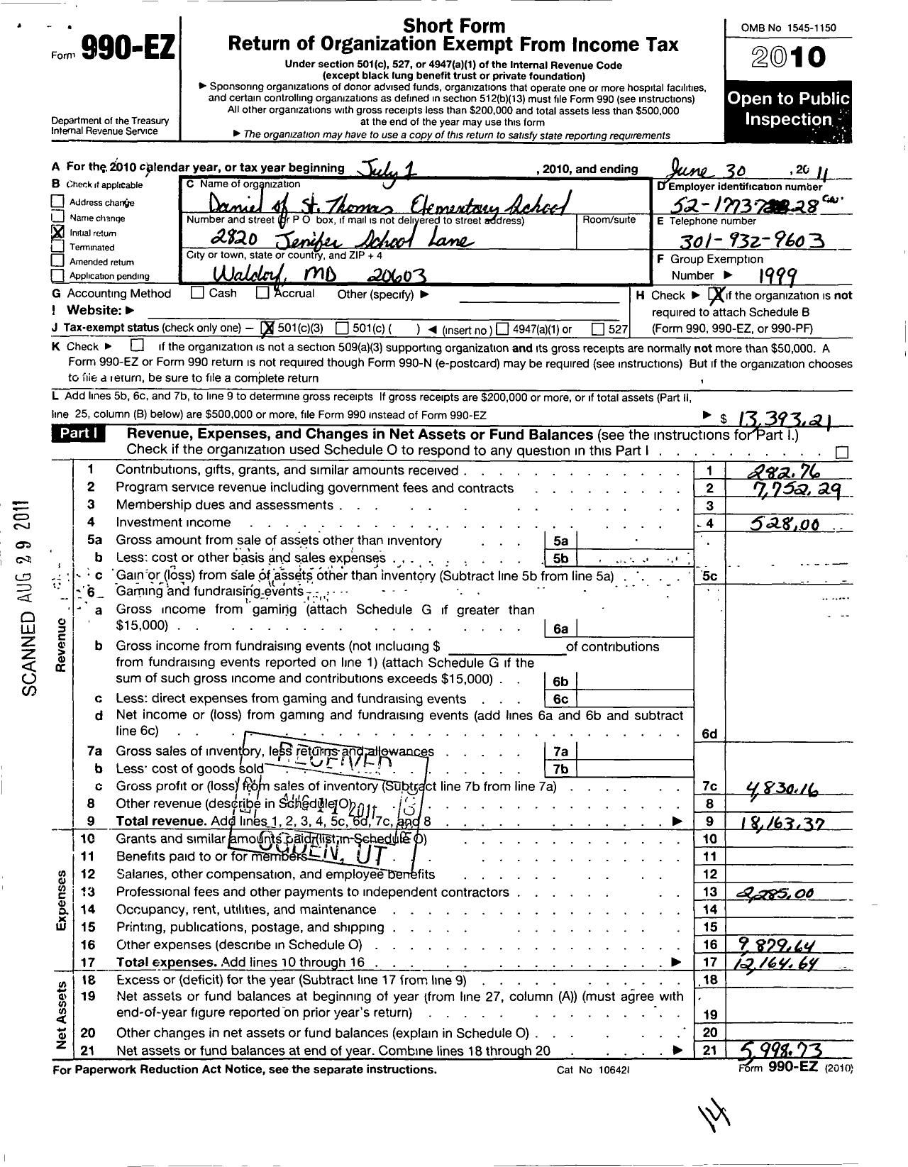 Image of first page of 2010 Form 990EZ for PTA Maryland Congress of Parent and Teachers / Daniel of St Thomas Jenifer School