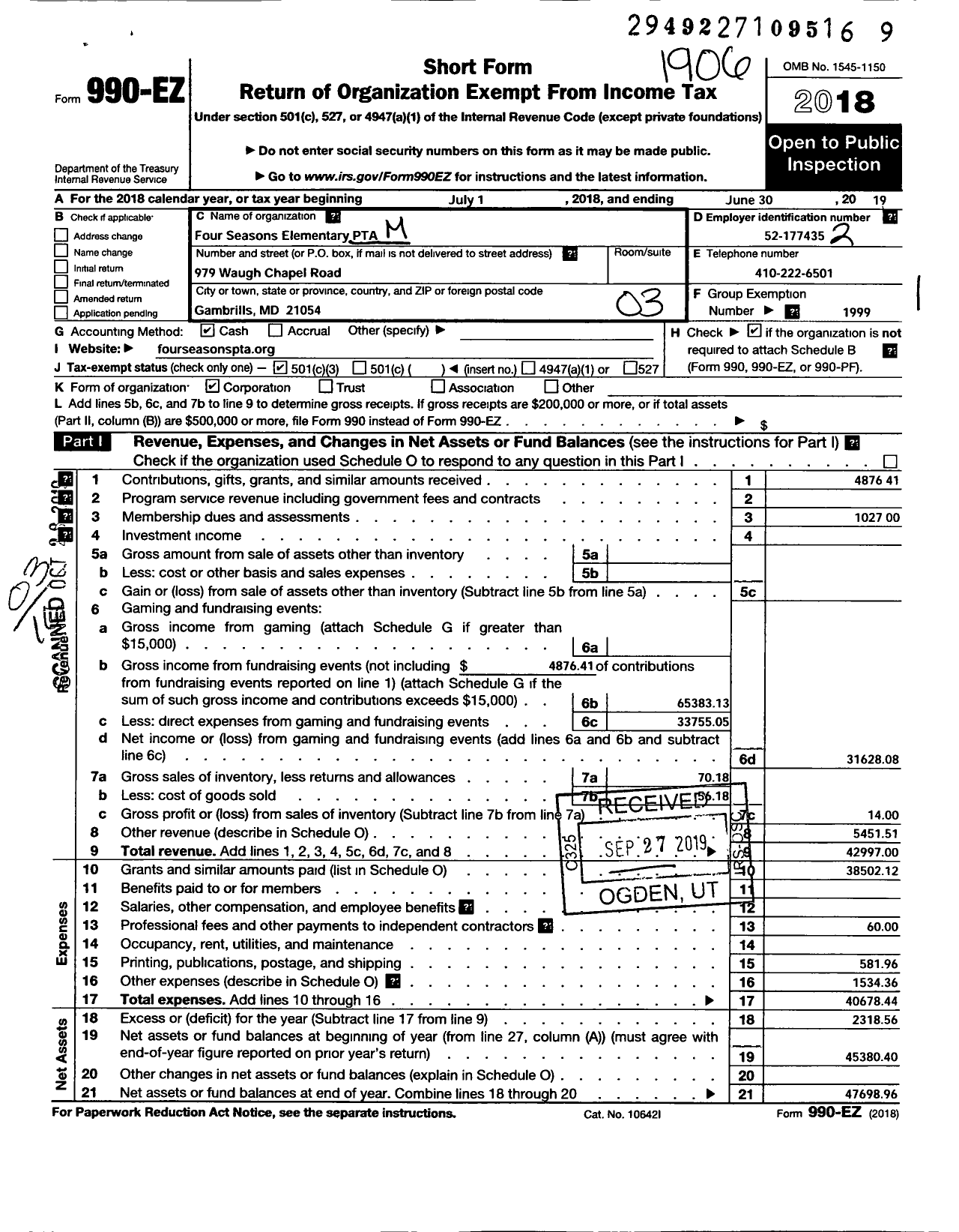 Image of first page of 2018 Form 990EZ for Four Seasons Elementary PTA