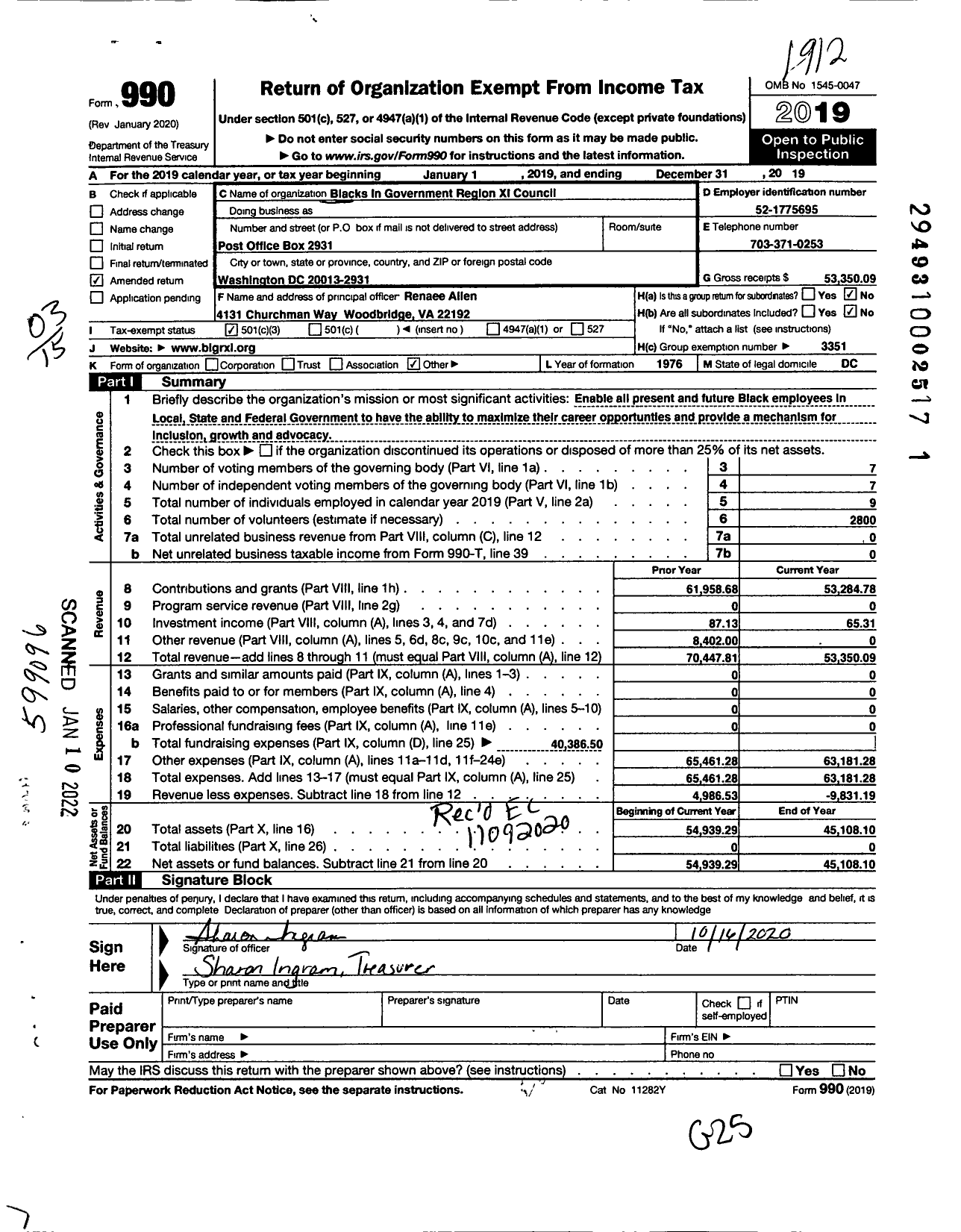 Image of first page of 2019 Form 990 for BLACKS IN GOVERNMENT Region XI