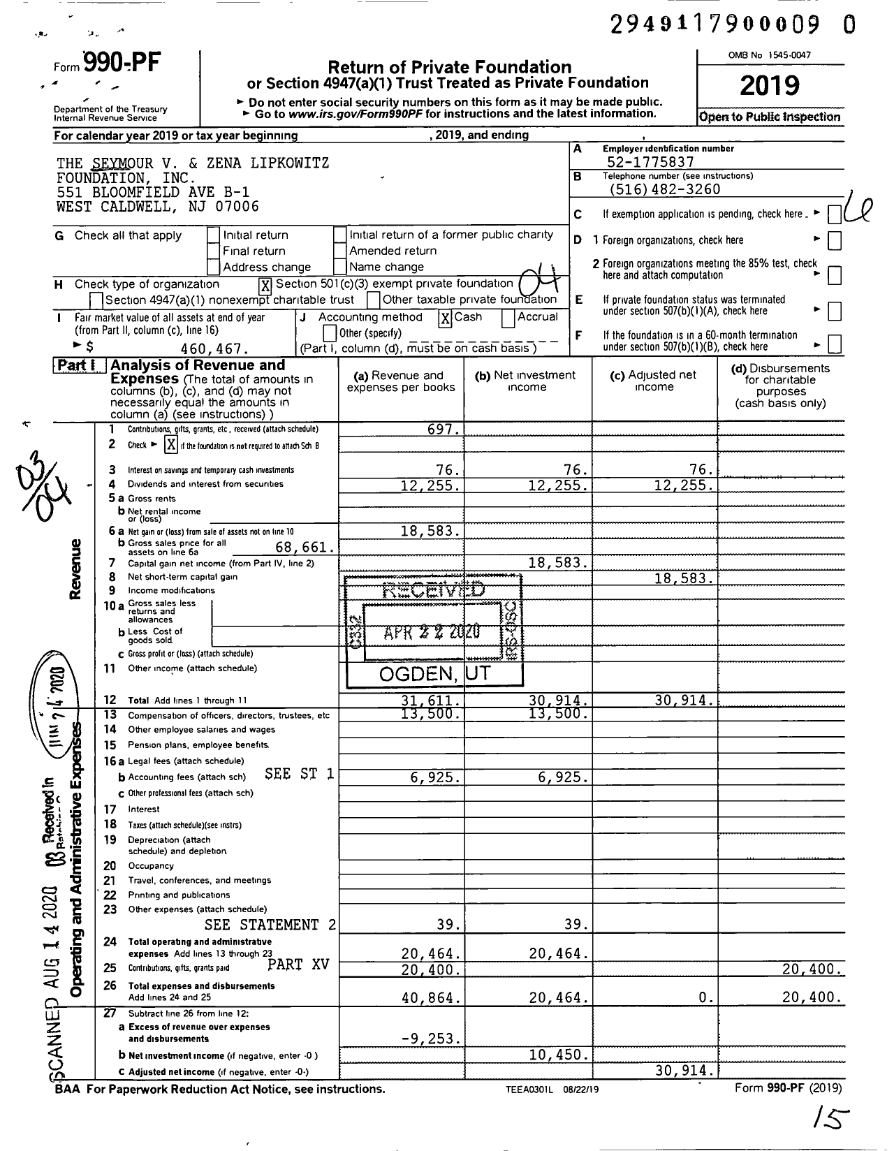 Image of first page of 2019 Form 990PR for The Seymour V and Zena Lipkowitz Foundation