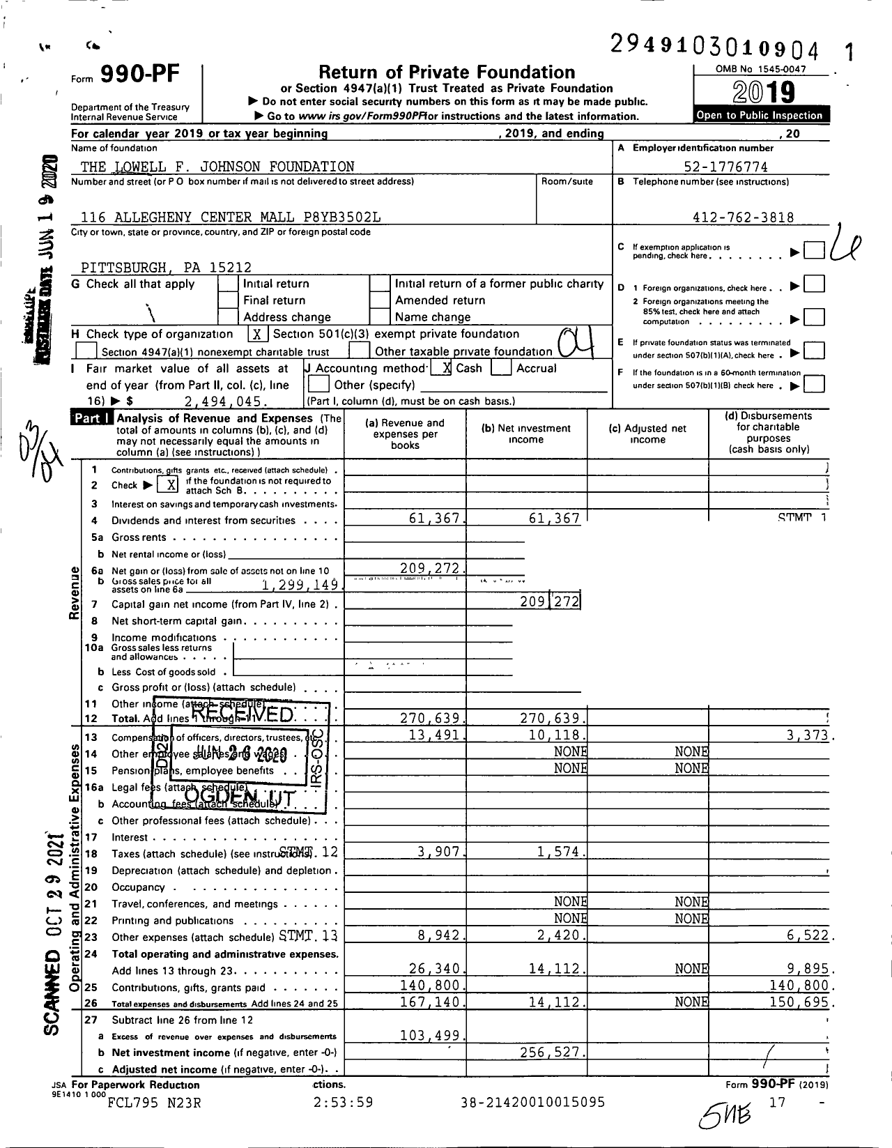 Image of first page of 2019 Form 990PF for The Lowell F Johnson Foundation