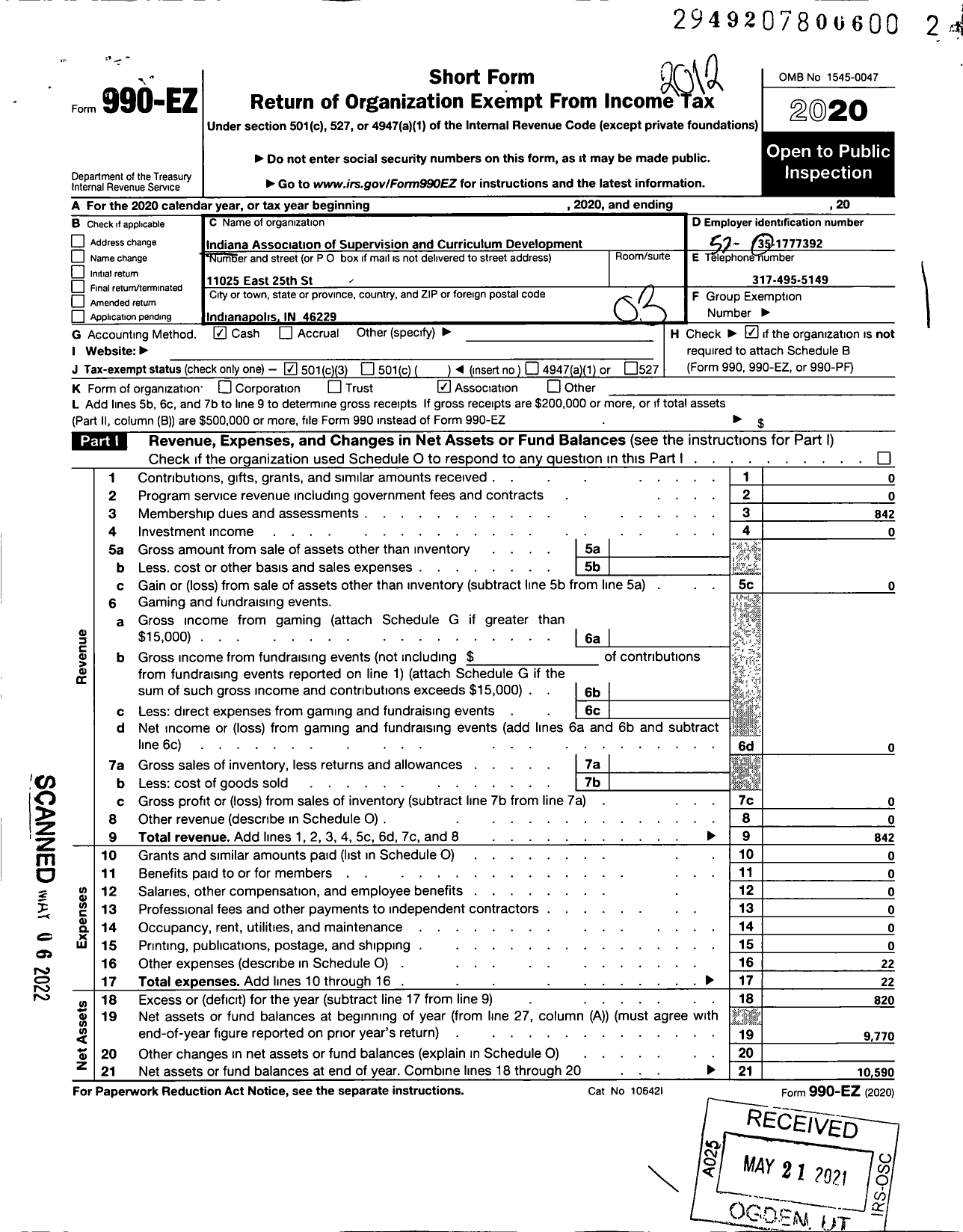 Image of first page of 2020 Form 990EZ for Indiana Association of Supervision and Curriculum Development