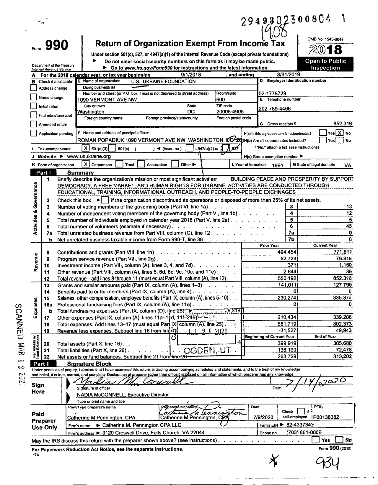 Image of first page of 2018 Form 990 for U S-Ukraine Foundation