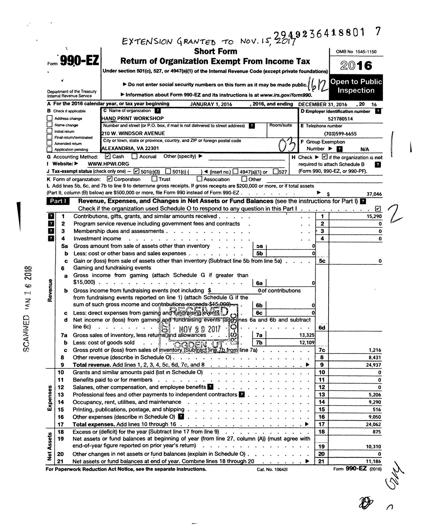 Image of first page of 2016 Form 990EZ for Hand Print Workshop