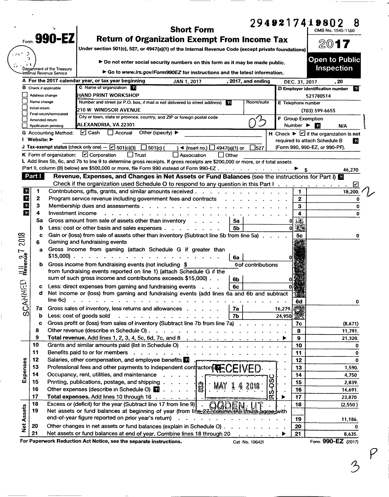 Image of first page of 2017 Form 990EZ for Hand Print Workshop