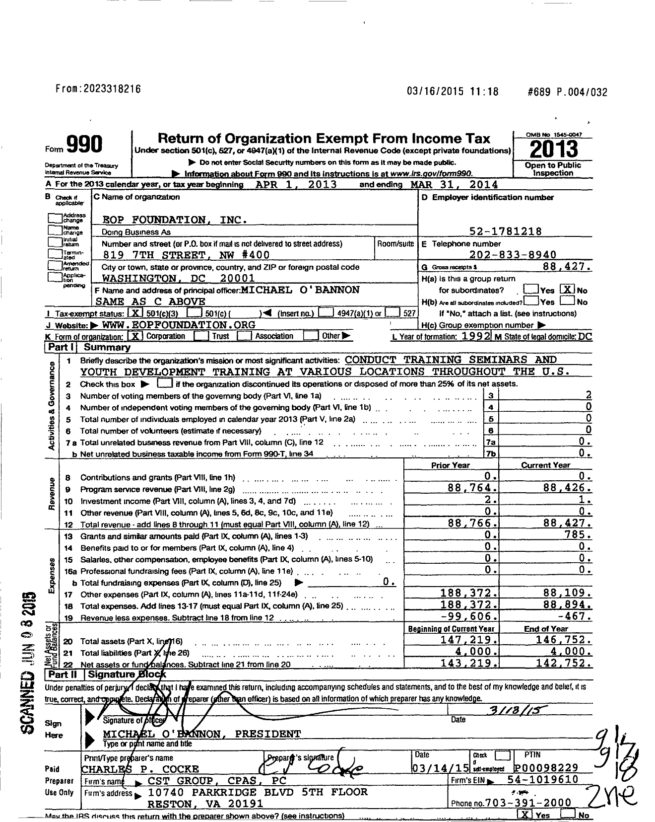 Image of first page of 2013 Form 990 for Eop Foundation