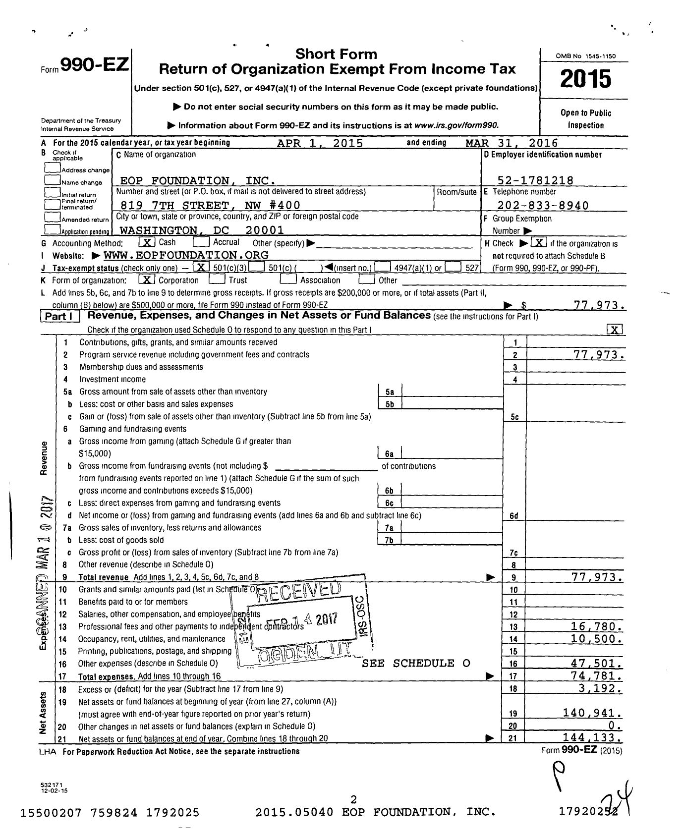 Image of first page of 2015 Form 990EZ for Eop Foundation