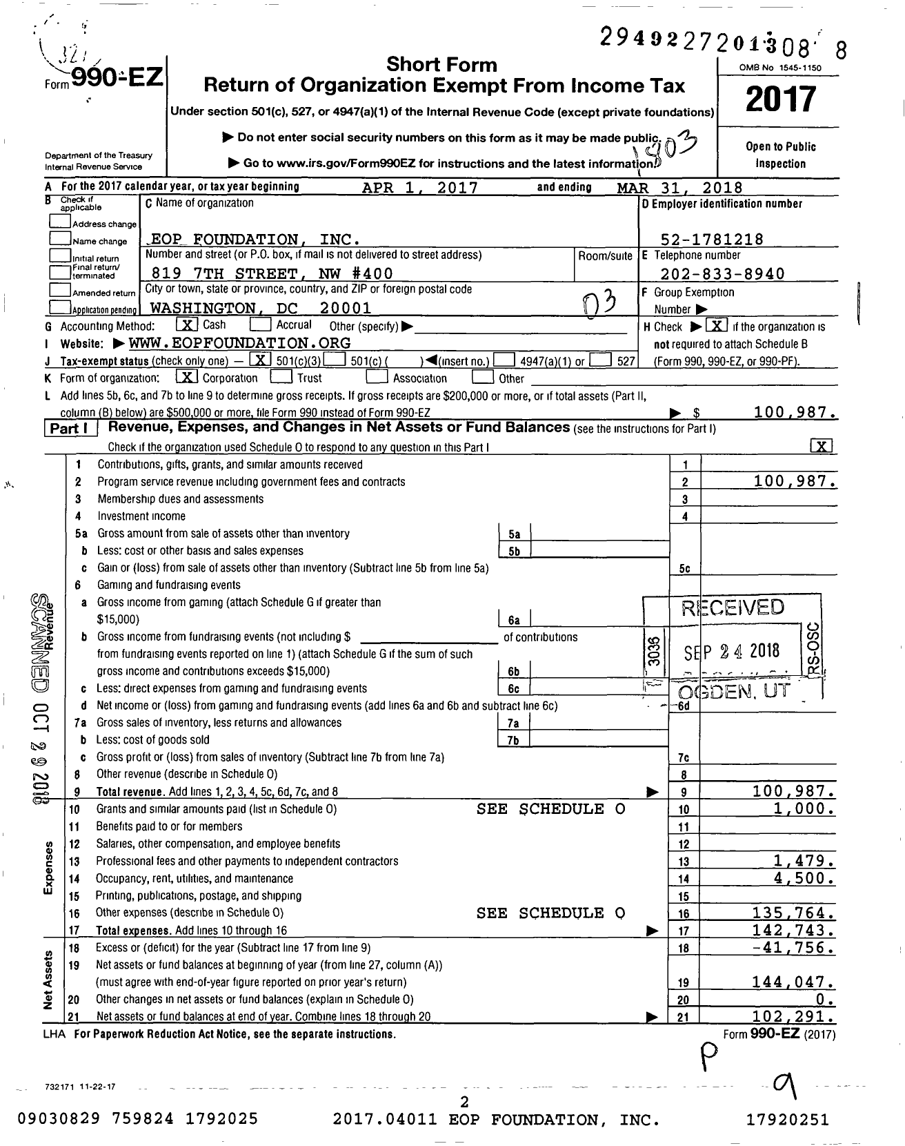 Image of first page of 2017 Form 990EZ for Eop Foundation