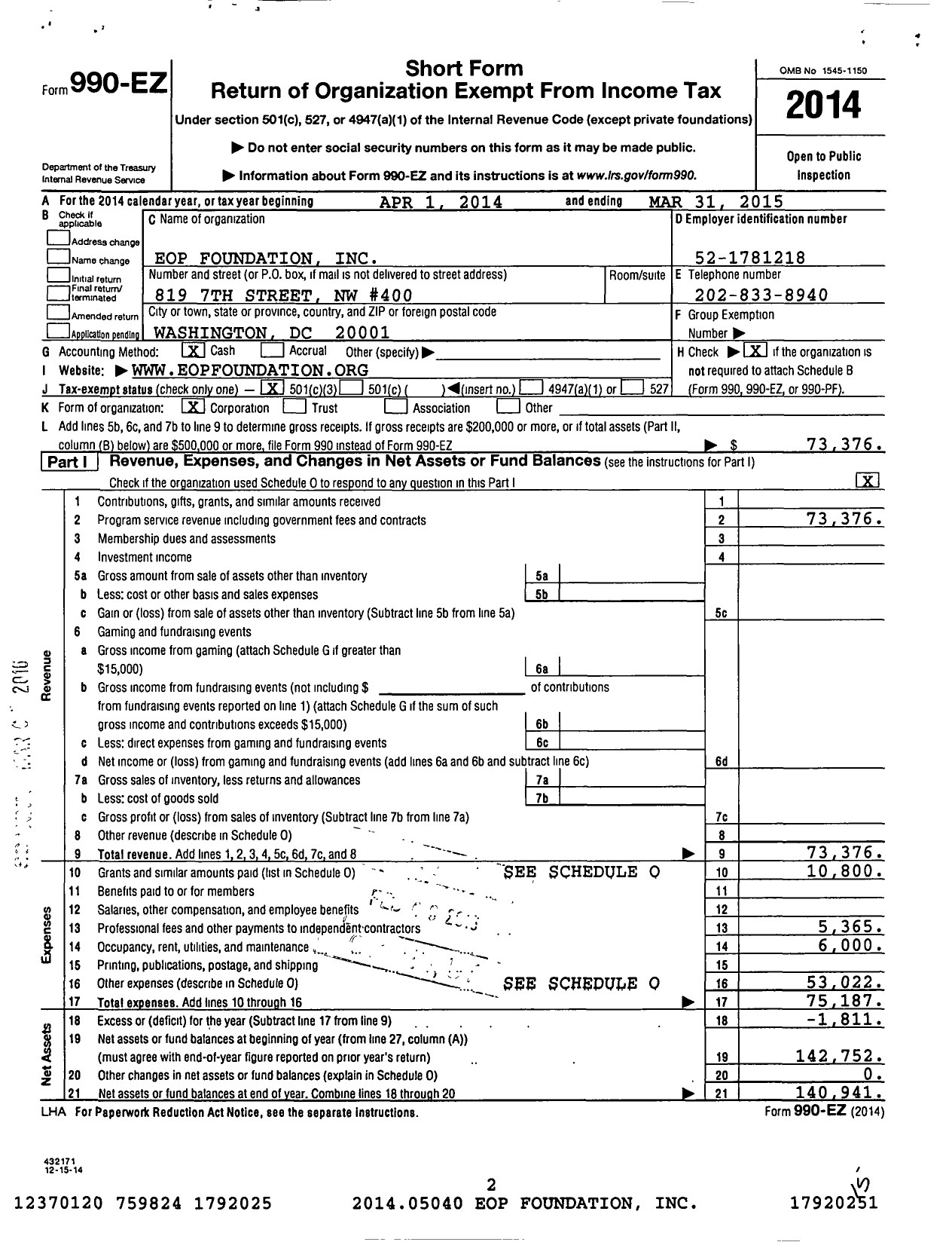 Image of first page of 2014 Form 990EZ for Eop Foundation