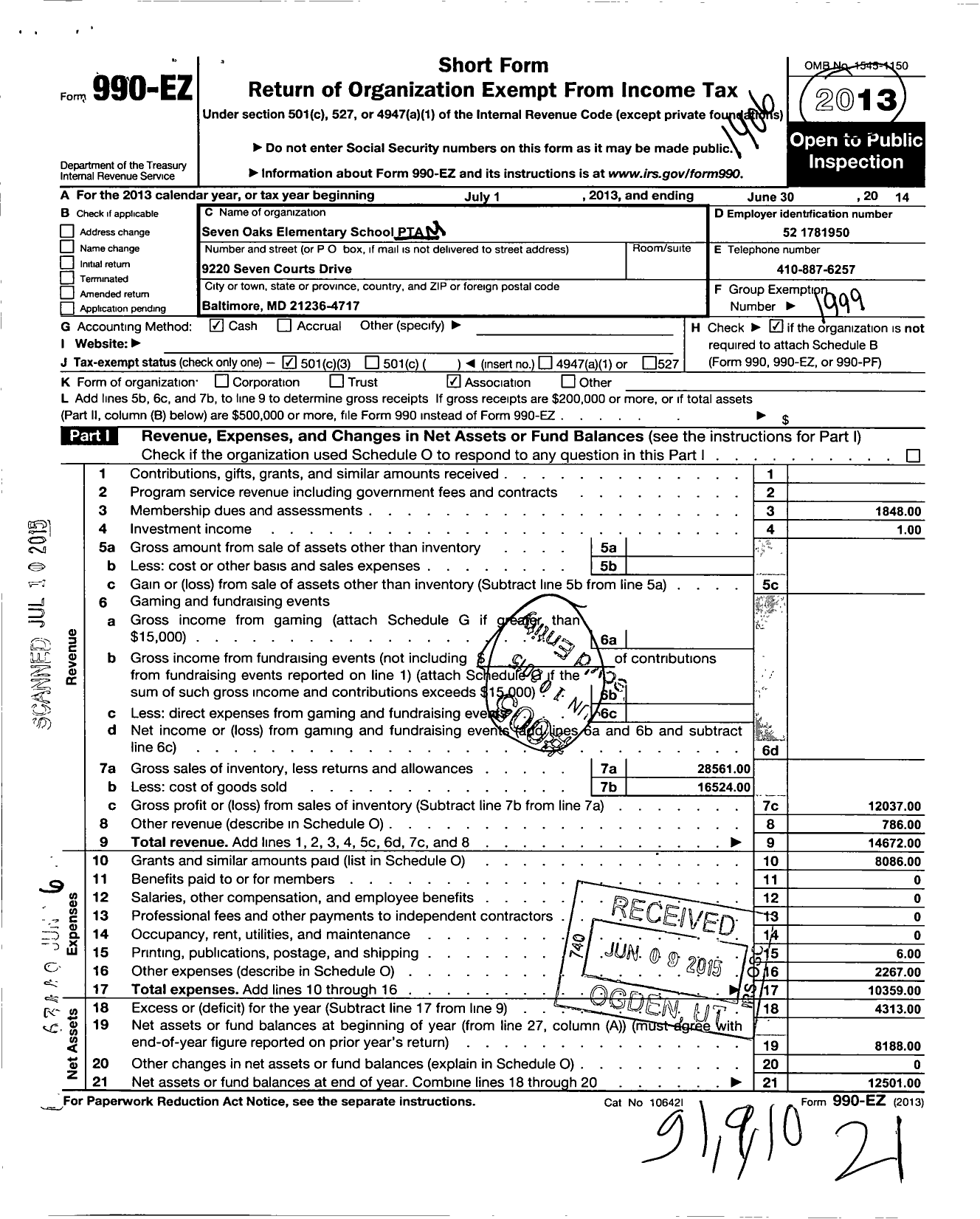 Image of first page of 2013 Form 990EZ for Seven Oaks Elementary School PTA