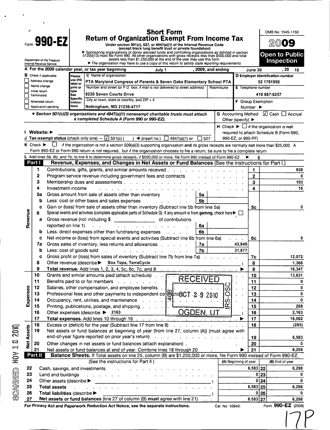 Image of first page of 2009 Form 990EO for Seven Oaks Elementary School PTA