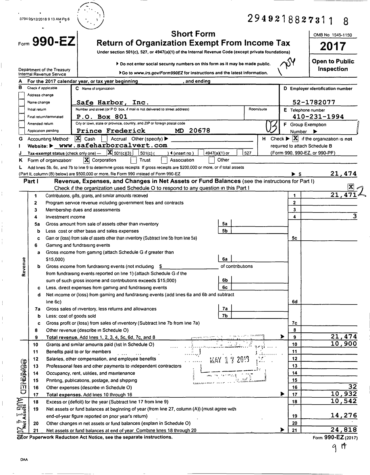 Image of first page of 2016 Form 990EZ for Safe Harbor