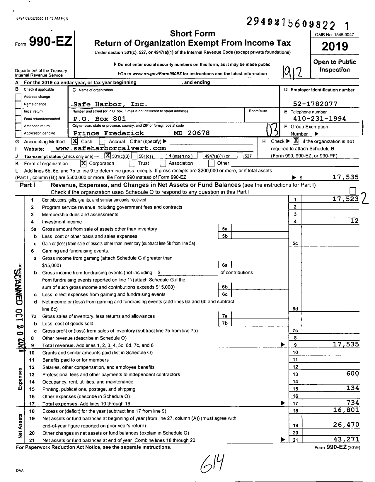 Image of first page of 2019 Form 990EZ for Safe Harbor