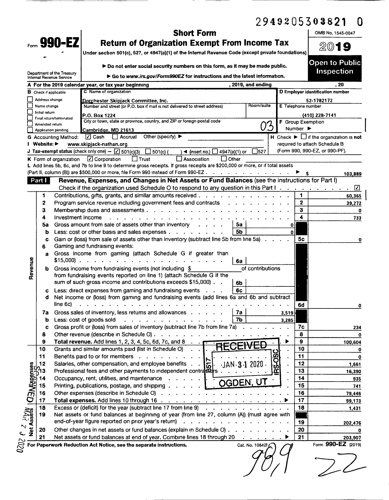 Image of first page of 2019 Form 990EZ for Dorchester Skipjack Committee