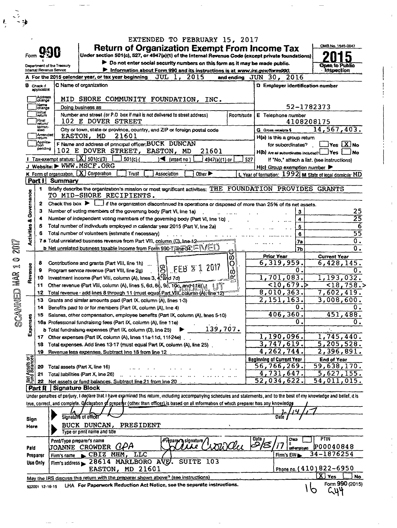 Image of first page of 2015 Form 990 for Mid-Shore Community Foundation