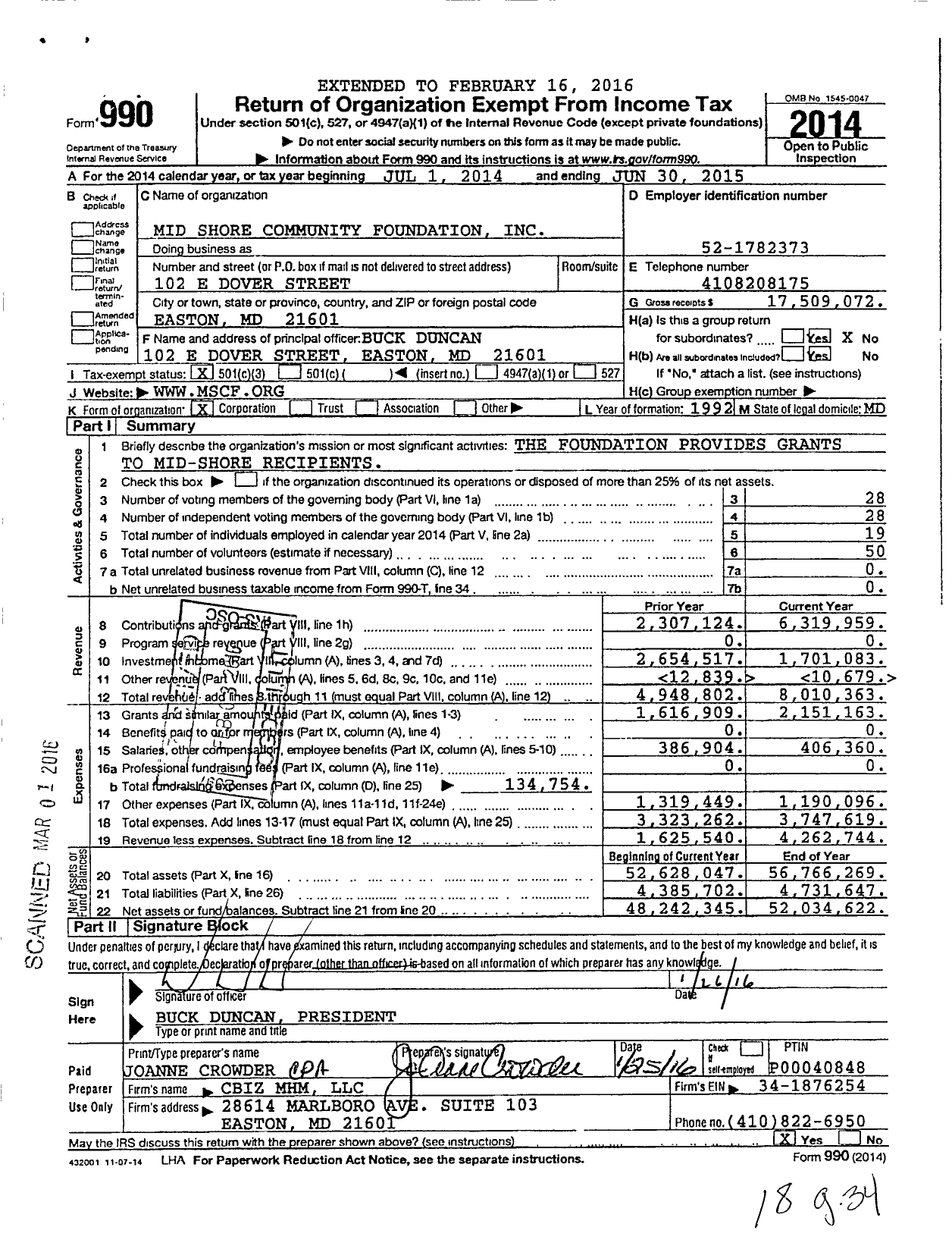 Image of first page of 2014 Form 990 for Mid-Shore Community Foundation