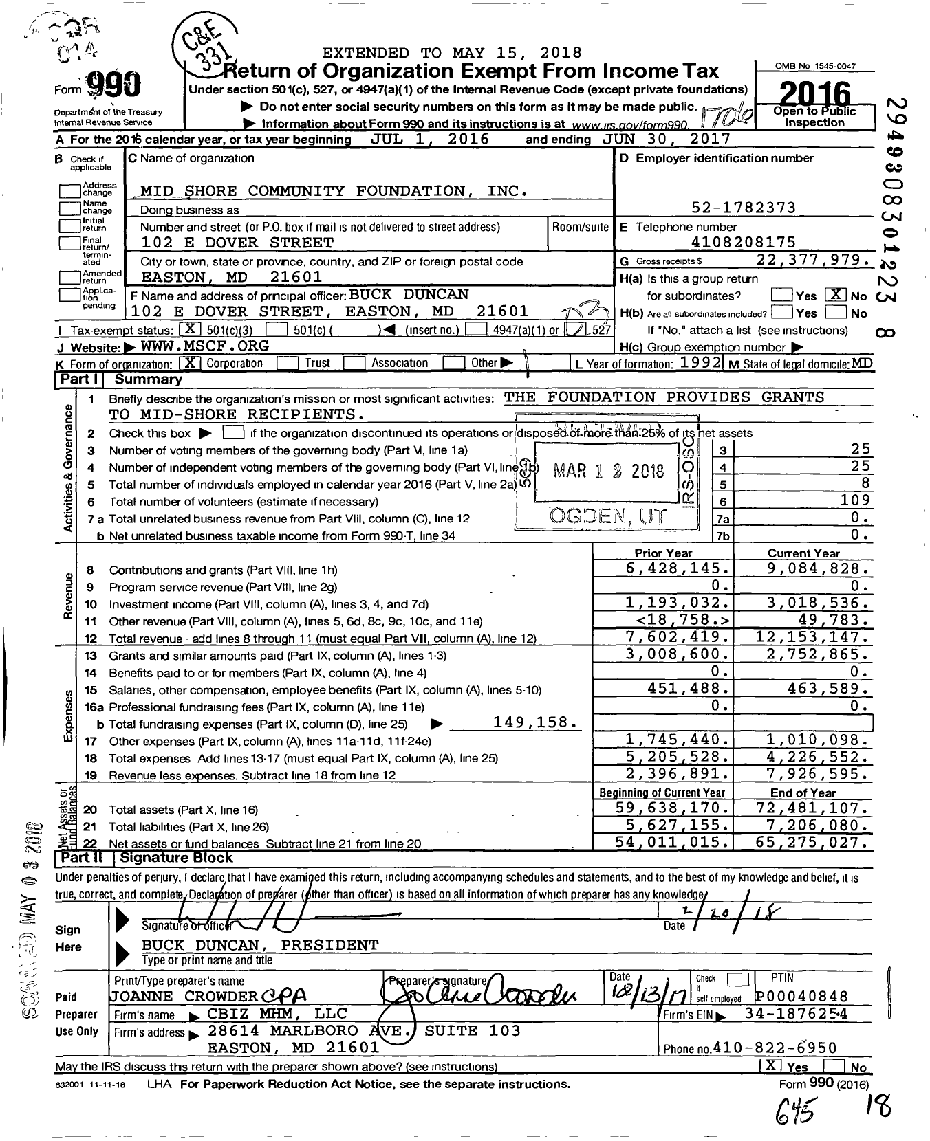 Image of first page of 2016 Form 990 for Mid-Shore Community Foundation