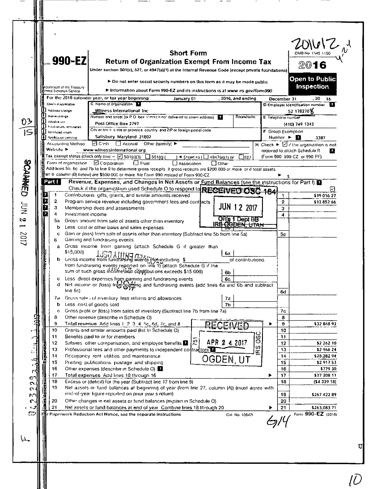 Image of first page of 2016 Form 990EZ for Witness International