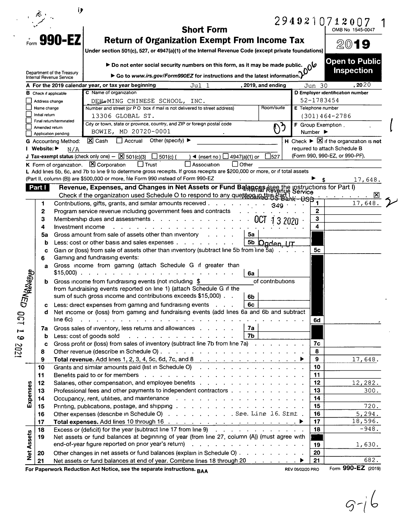 Image of first page of 2019 Form 990EZ for Deh-Ming Chinese School