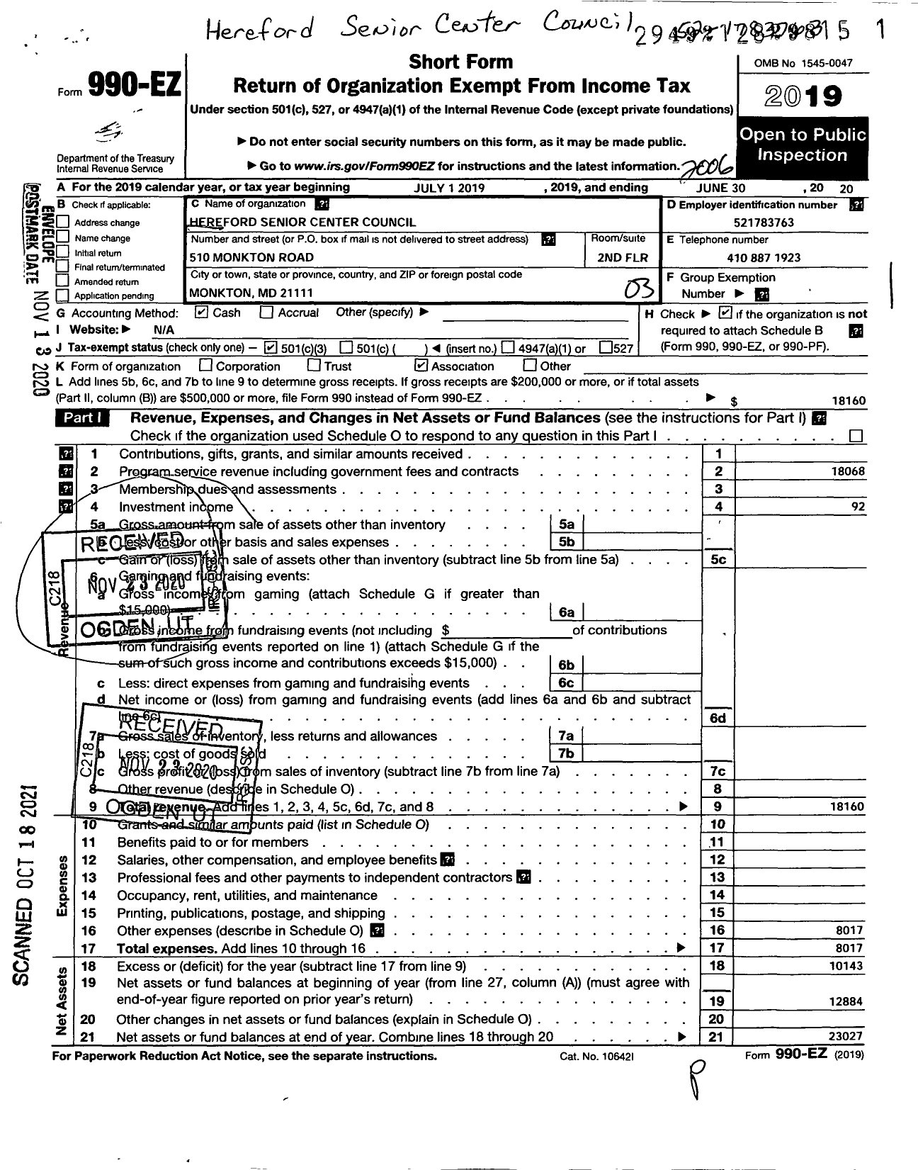 Image of first page of 2019 Form 990EZ for Hereford Senior Center Council