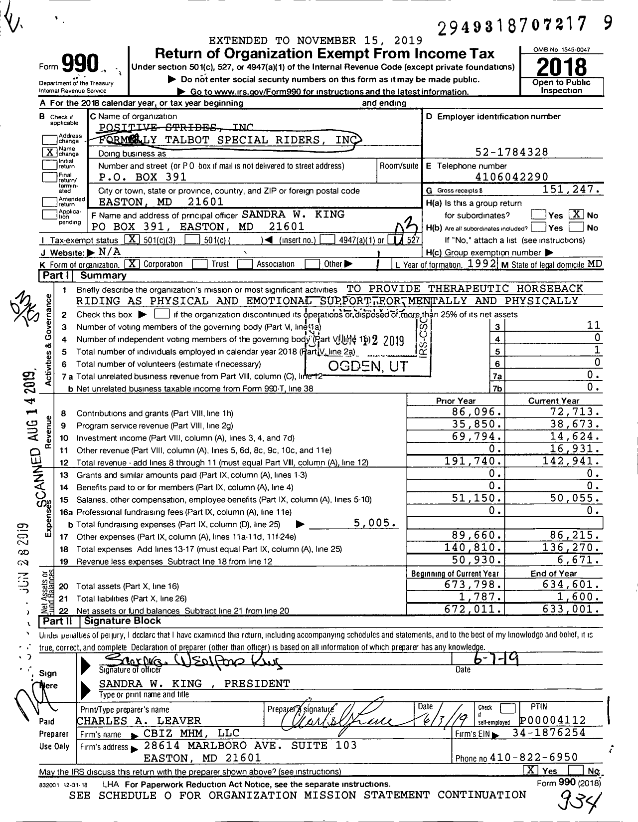 Image of first page of 2018 Form 990 for Positive Strides