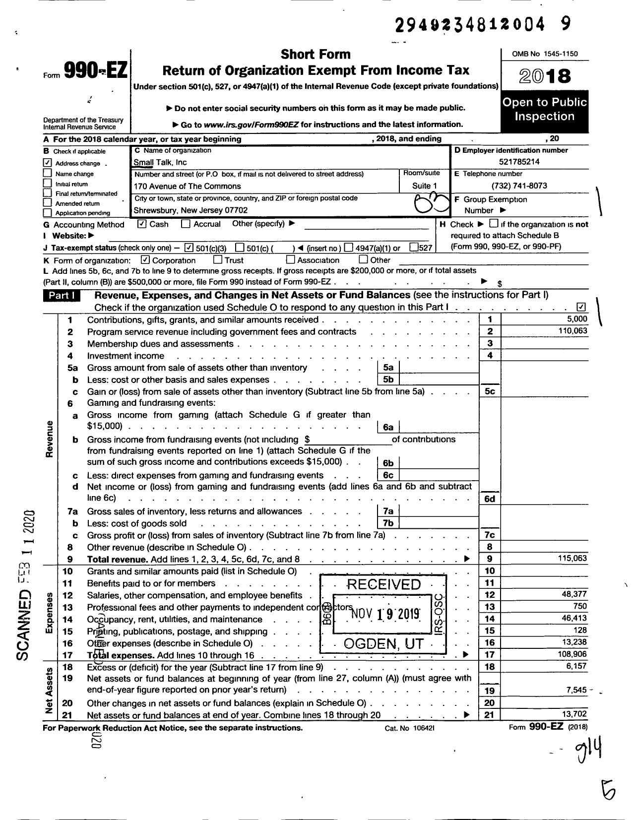 Image of first page of 2018 Form 990EZ for Small-Talk