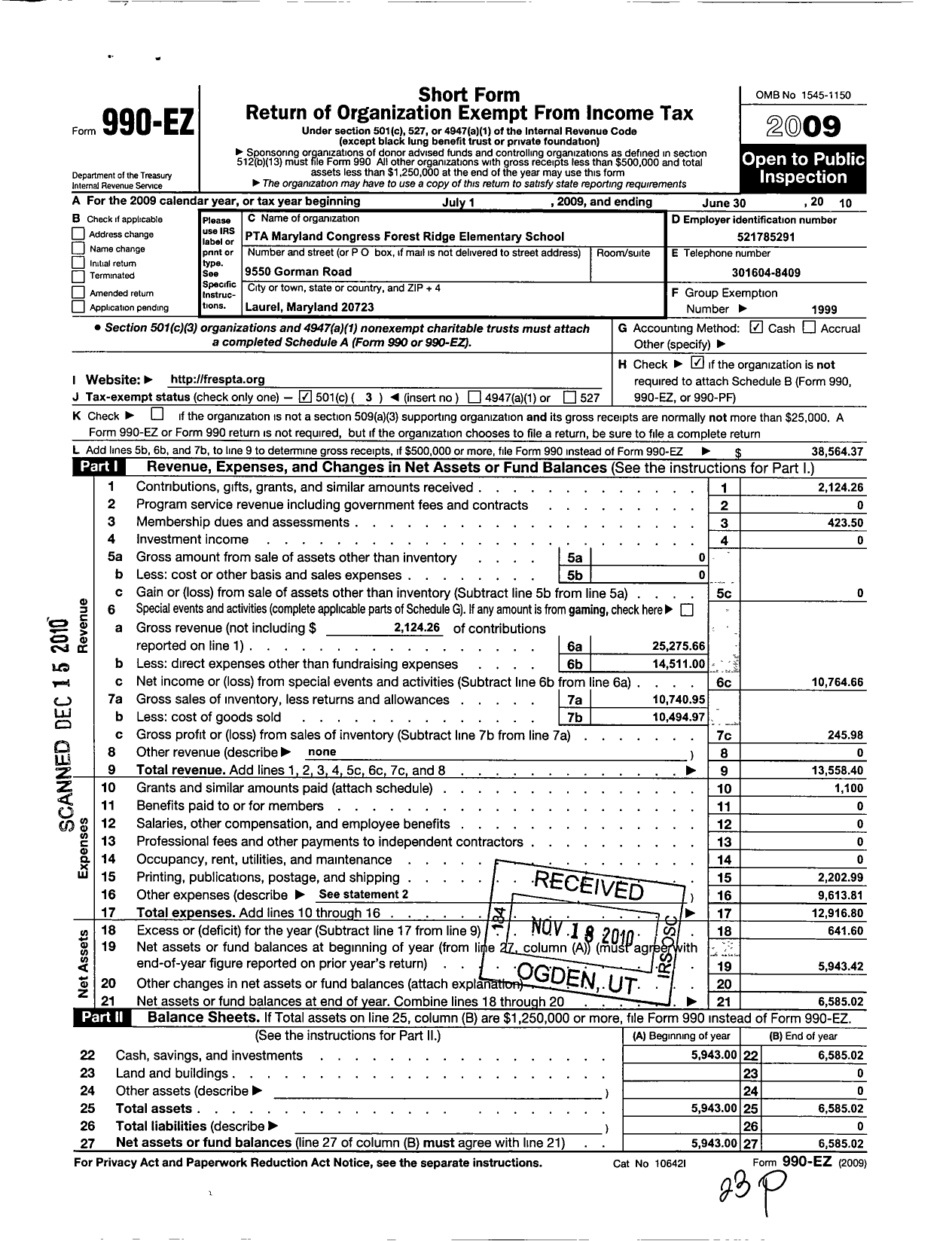 Image of first page of 2009 Form 990EZ for PTA Delaware Congress / Forest Ridge Elementary School