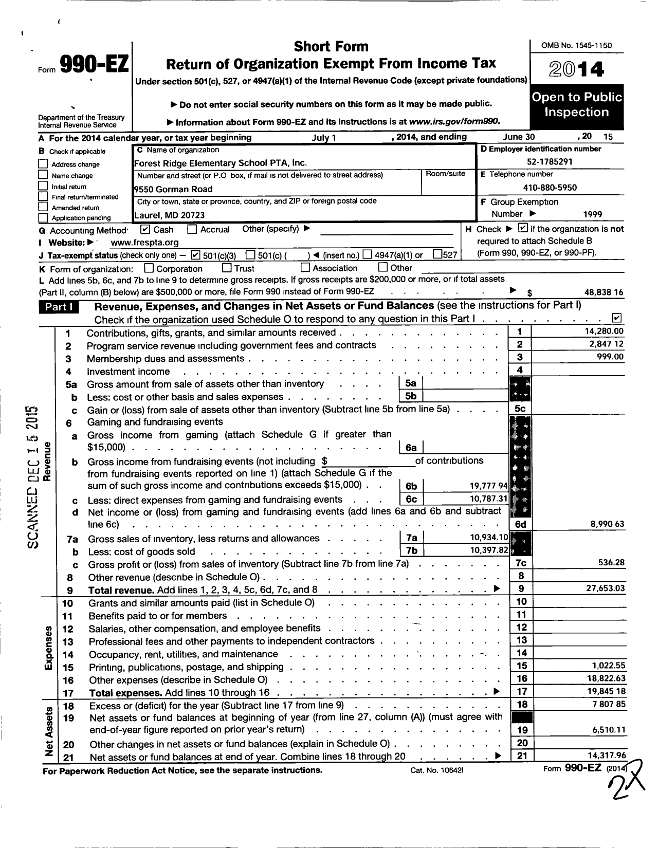 Image of first page of 2014 Form 990EZ for PTA Delaware Congress / Forest Ridge Elementary School