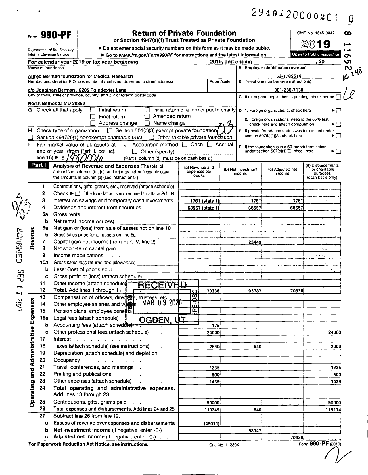 Image of first page of 2019 Form 990PR for Alfred Berman Foundation for Medical Research