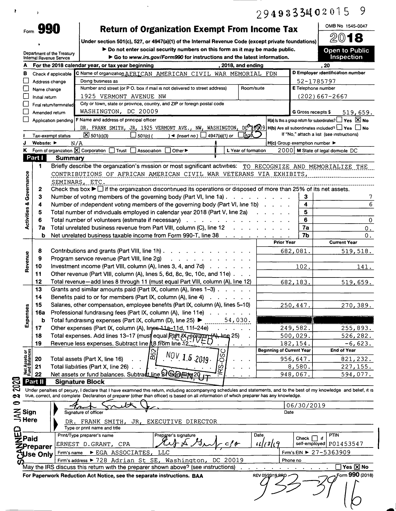 Image of first page of 2018 Form 990 for African-American Civil War Memorial Freedom Foundation