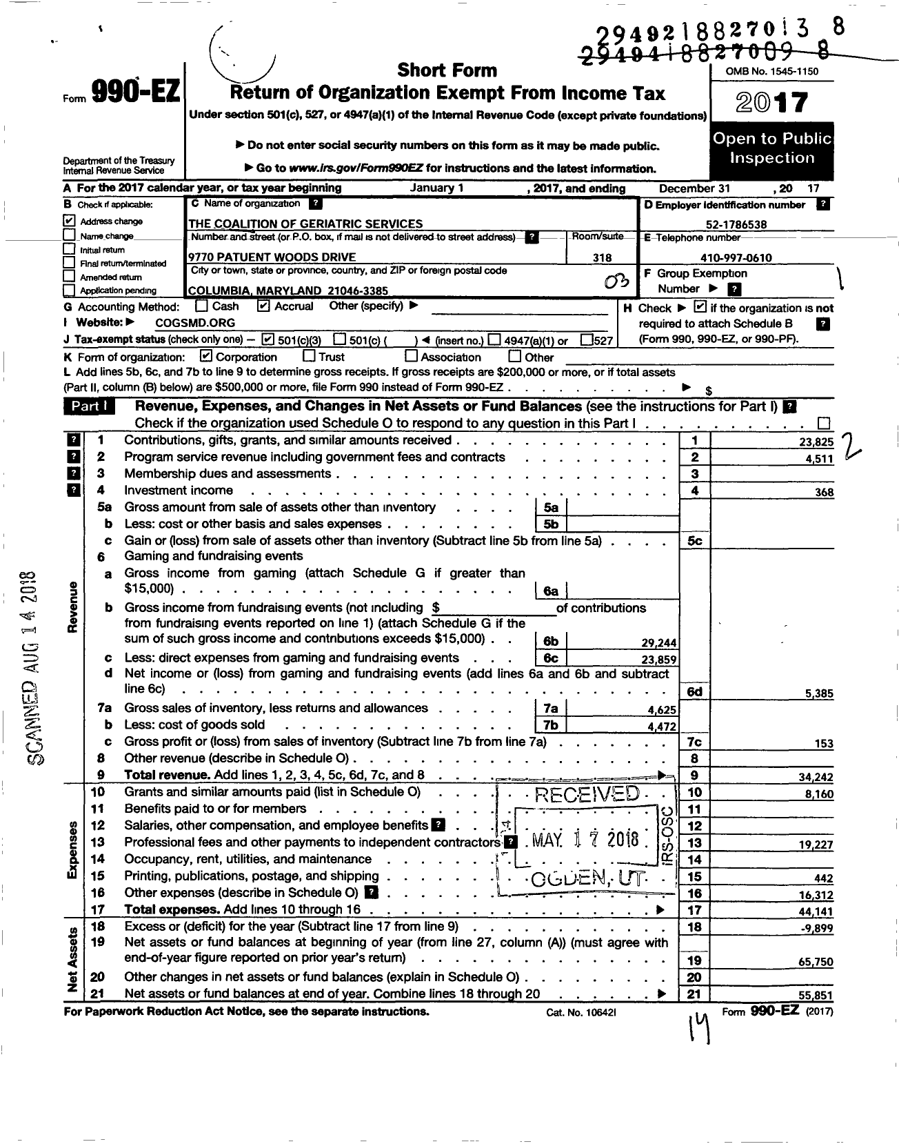 Image of first page of 2017 Form 990EZ for Coalition of Geriatric Services