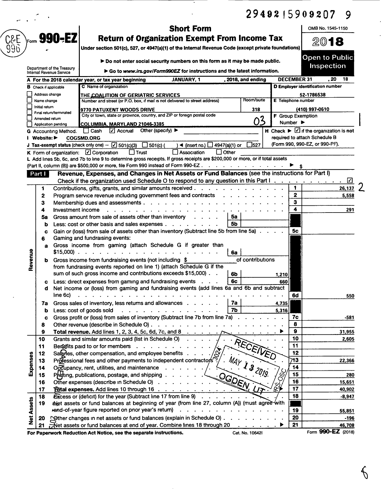 Image of first page of 2018 Form 990EZ for Coalition of Geriatric Services