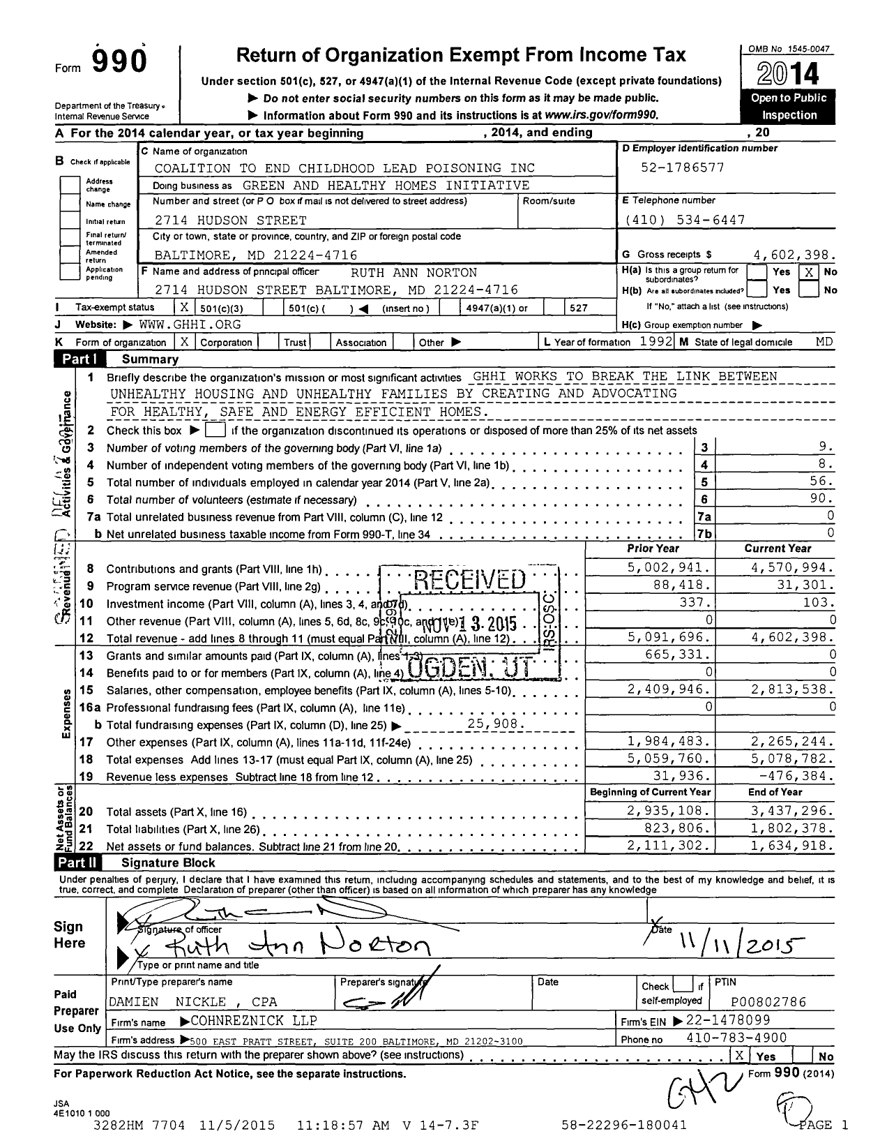 Image of first page of 2014 Form 990 for Green and Healthy Homes Initiative