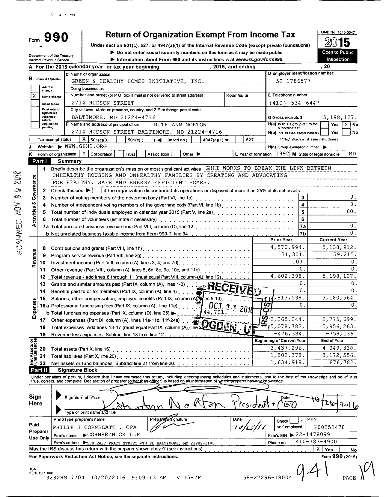 Image of first page of 2015 Form 990 for Green and Healthy Homes Initiative