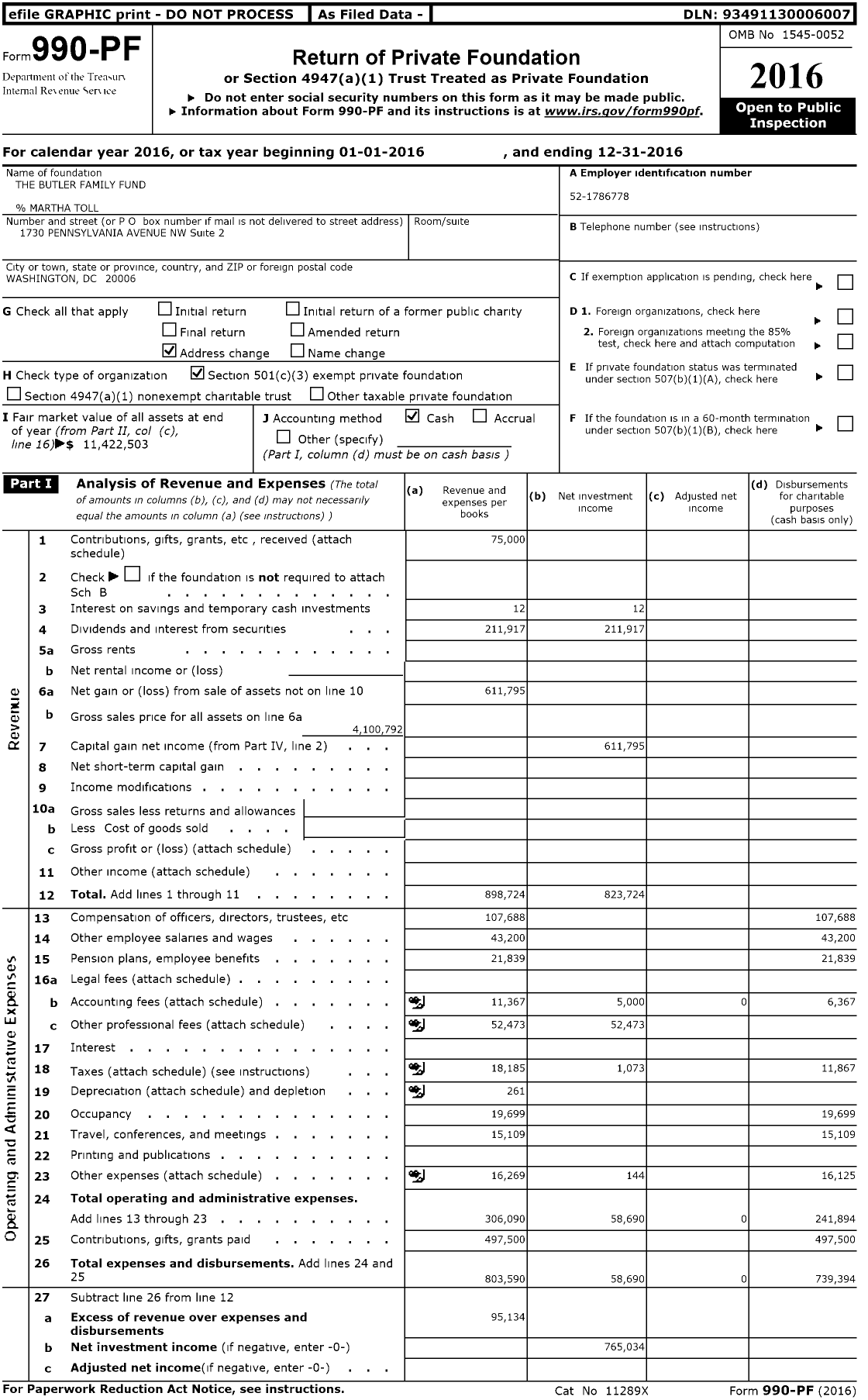 Image of first page of 2016 Form 990PF for Butler Family Fund