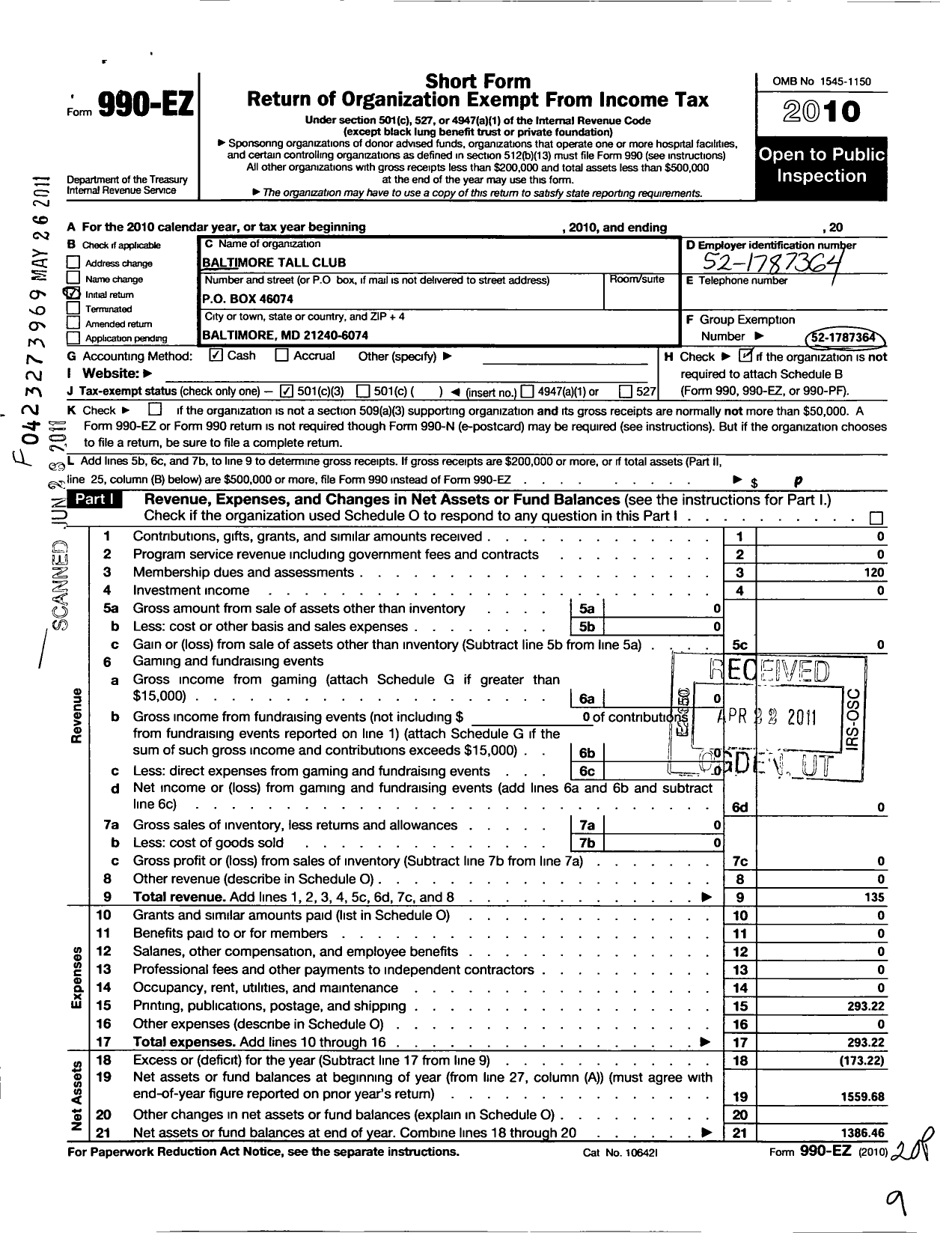 Image of first page of 2010 Form 990EZ for Baltimore Tall Club