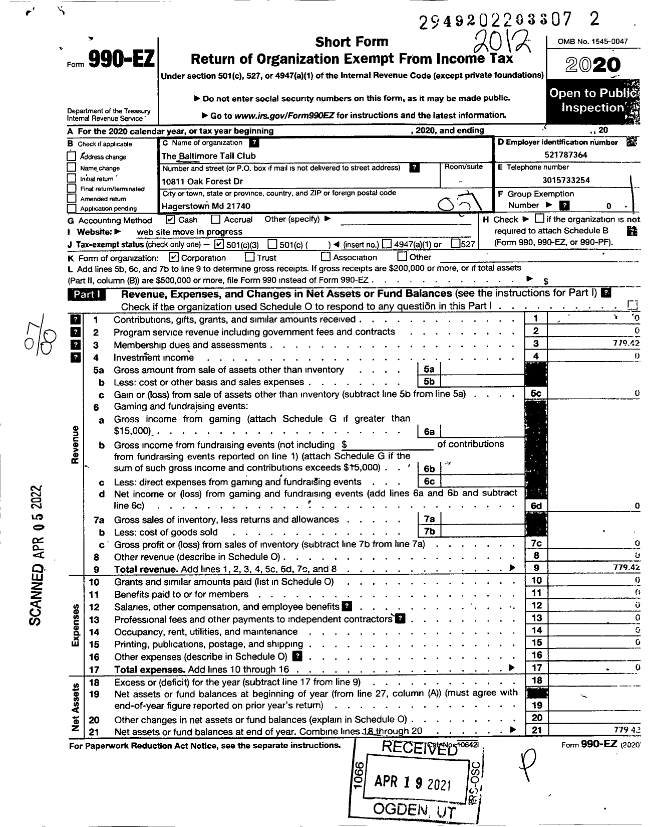 Image of first page of 2020 Form 990EO for Baltimore Tall Club