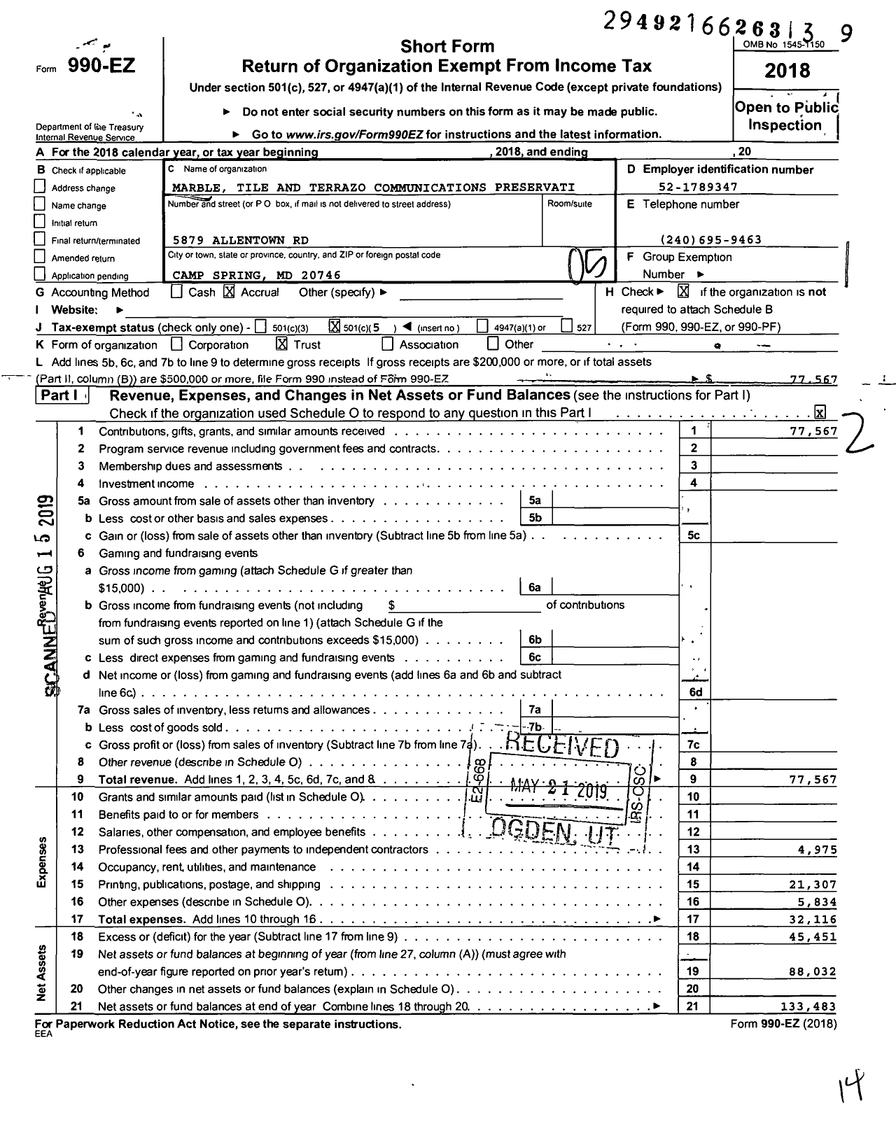 Image of first page of 2018 Form 990EO for Marble Tile and Terrazzo Communications Preservation