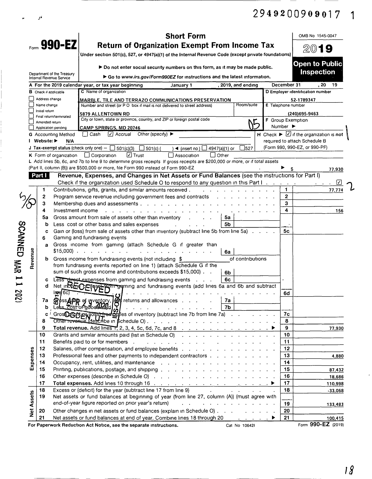 Image of first page of 2019 Form 990EO for Marble Tile and Terrazzo Communications Preservation