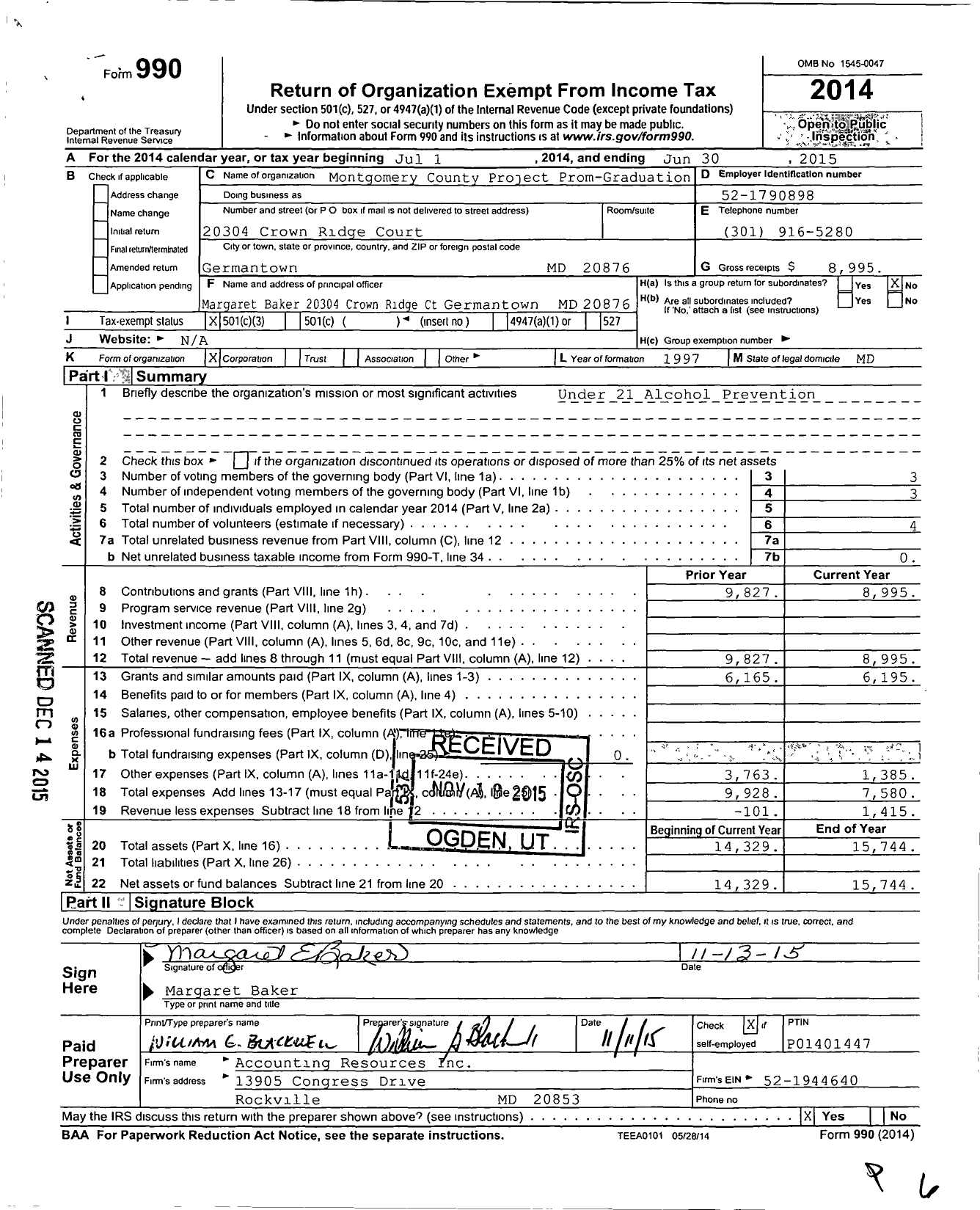 Image of first page of 2014 Form 990 for Montgomery County Project Prom-Graduation