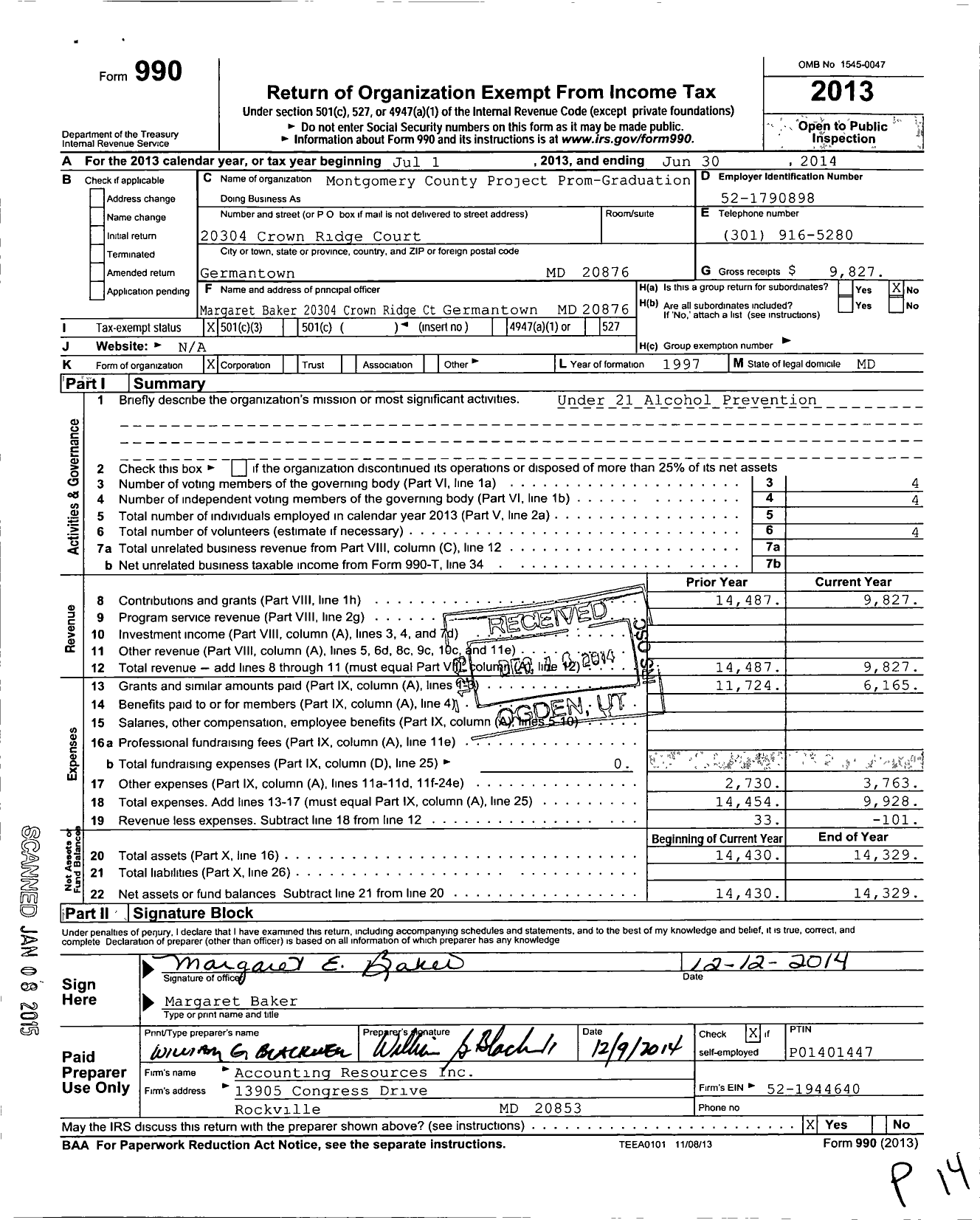 Image of first page of 2013 Form 990 for Montgomery County Project Prom-Graduation