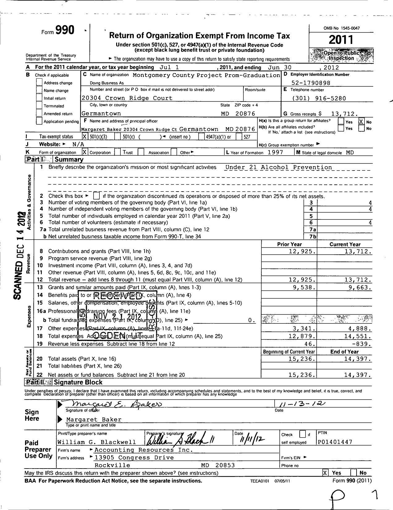 Image of first page of 2011 Form 990 for Montgomery County Project Prom-Graduation