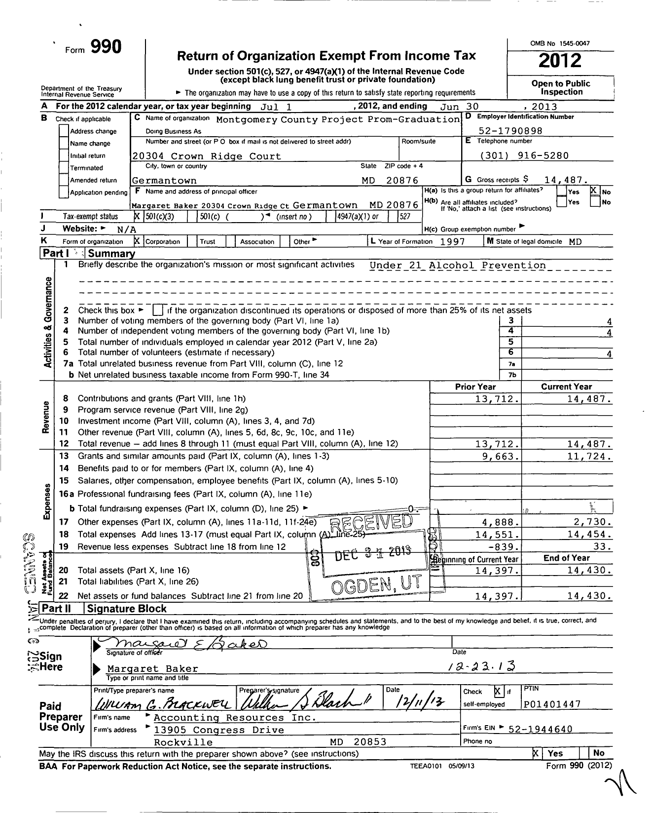 Image of first page of 2012 Form 990 for Montgomery County Project Prom-Graduation