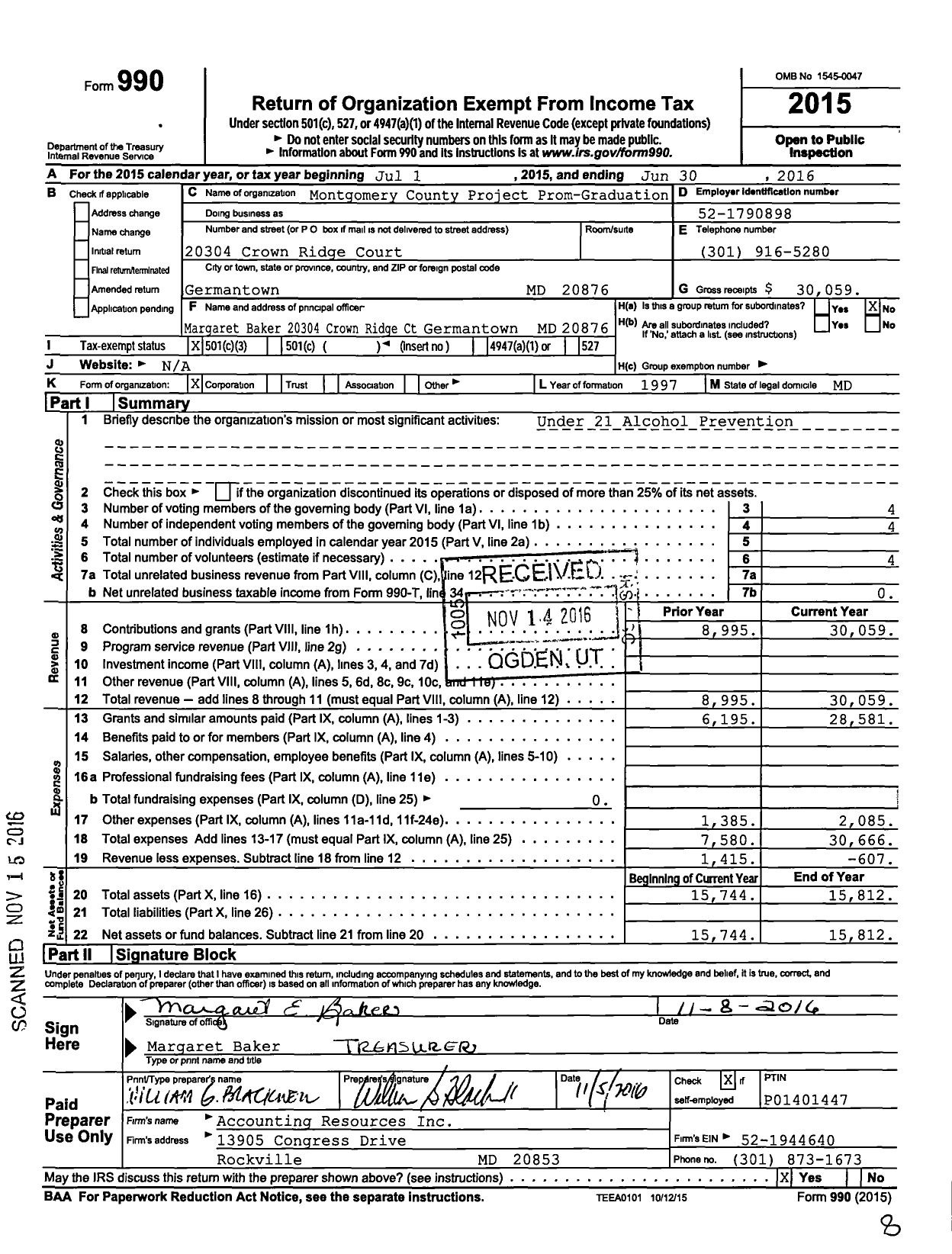 Image of first page of 2015 Form 990 for Montgomery County Project Prom-Graduation