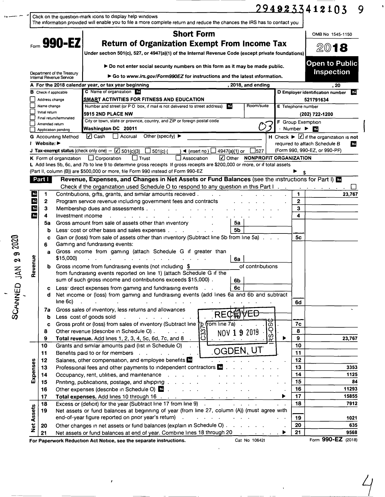 Image of first page of 2018 Form 990EZ for Smart Activities for Fitness and Education (SAFE)