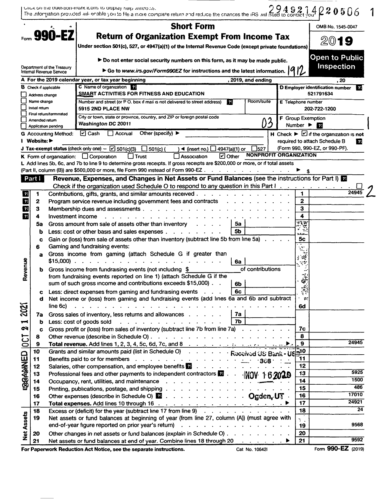 Image of first page of 2019 Form 990EZ for Smart Activities for Fitness and Education (SAFE)