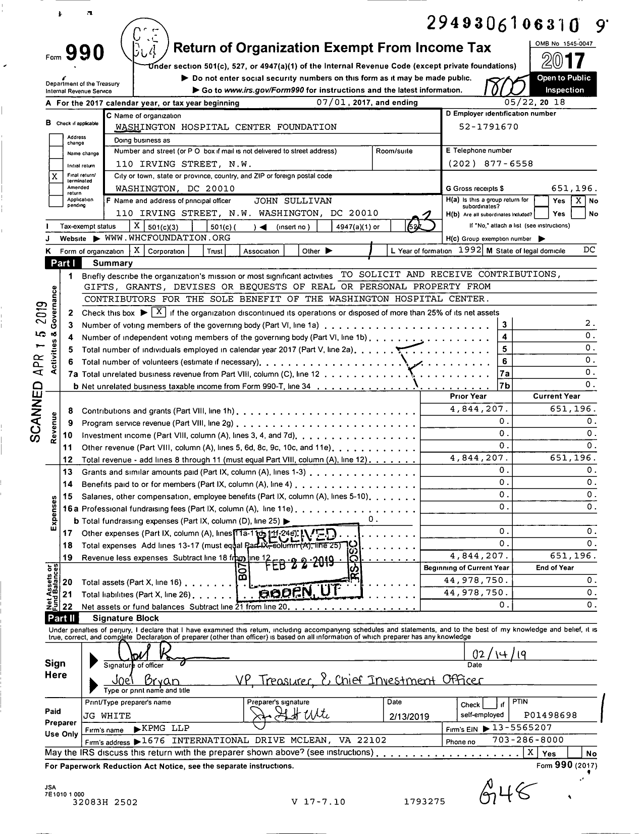 Image of first page of 2017 Form 990 for Washington Hospital Center Foundation
