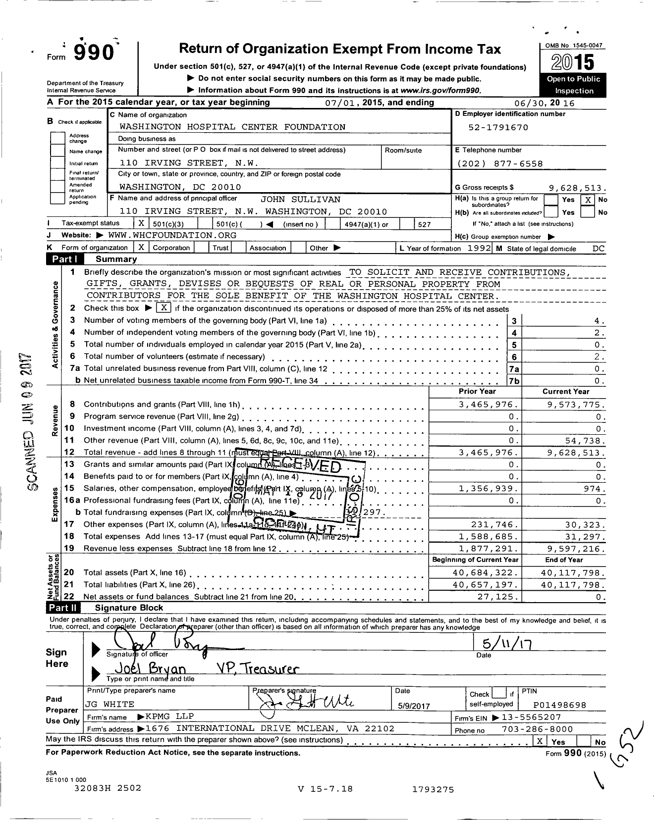 Image of first page of 2015 Form 990 for Washington Hospital Center Foundation