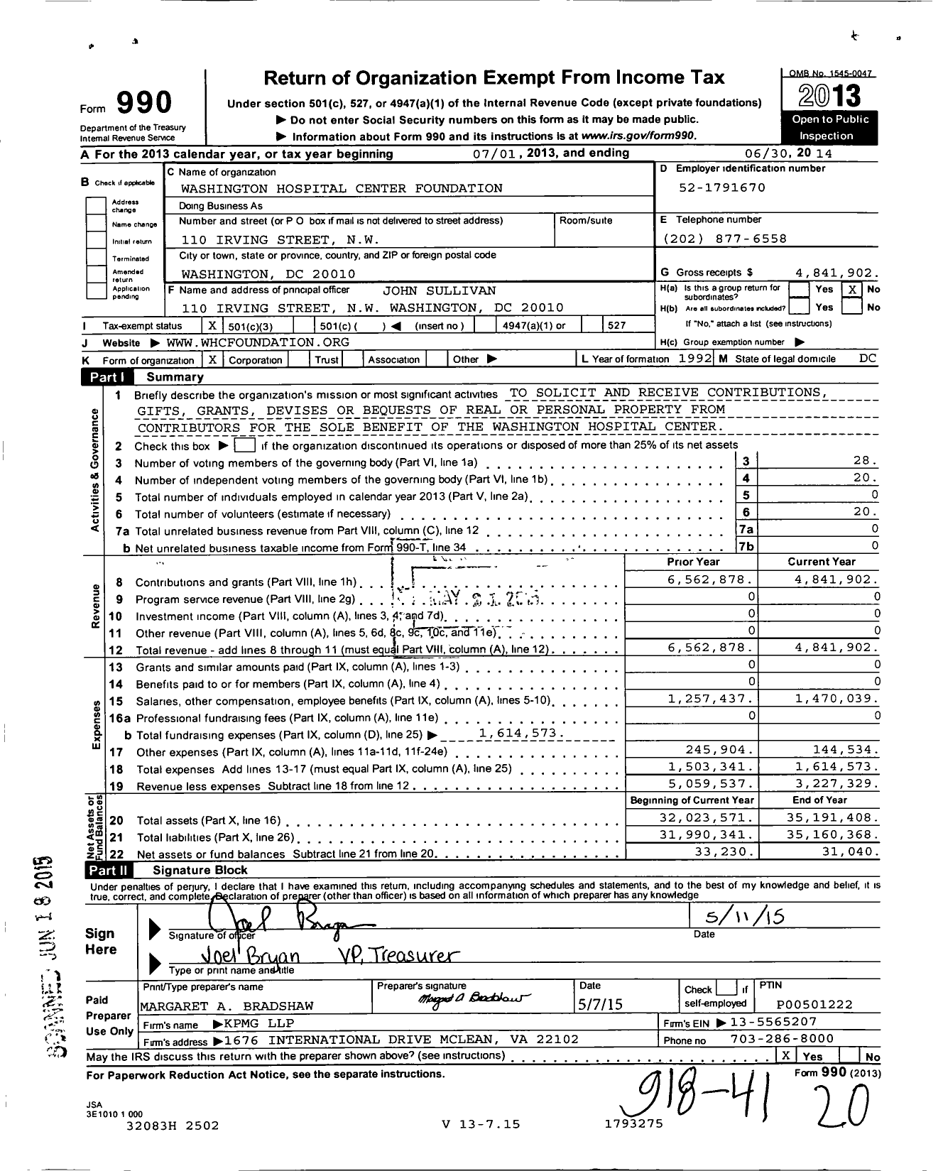 Image of first page of 2013 Form 990 for Washington Hospital Center Foundation