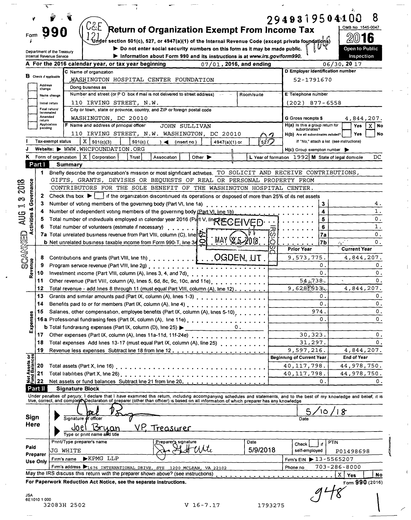 Image of first page of 2016 Form 990 for Washington Hospital Center Foundation